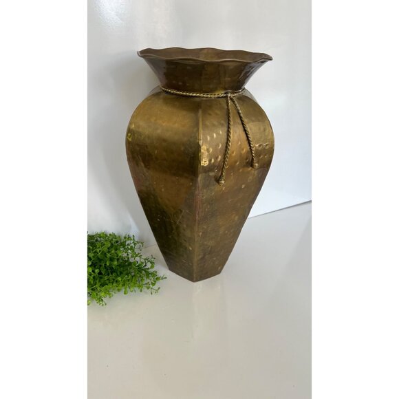 Handmade Hammered Brass Vase With Rope Detail 16" Tall Wide Flared Rim Hexagonal - Picture 4 of 7